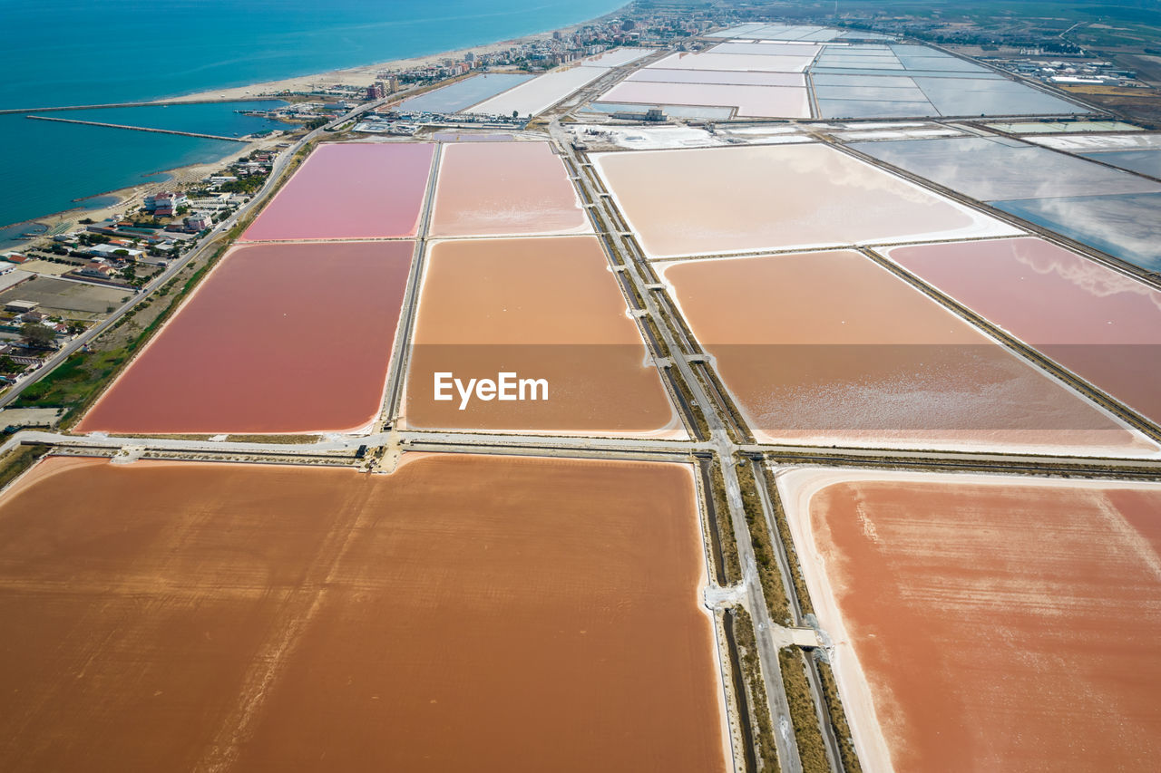 Aerial view of the salt pan in margherita di savoia, unesco heritage from above, apulia