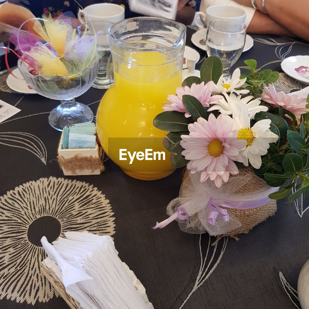 HIGH ANGLE VIEW OF PEOPLE ON TABLE AT OUTDOOR CAFE