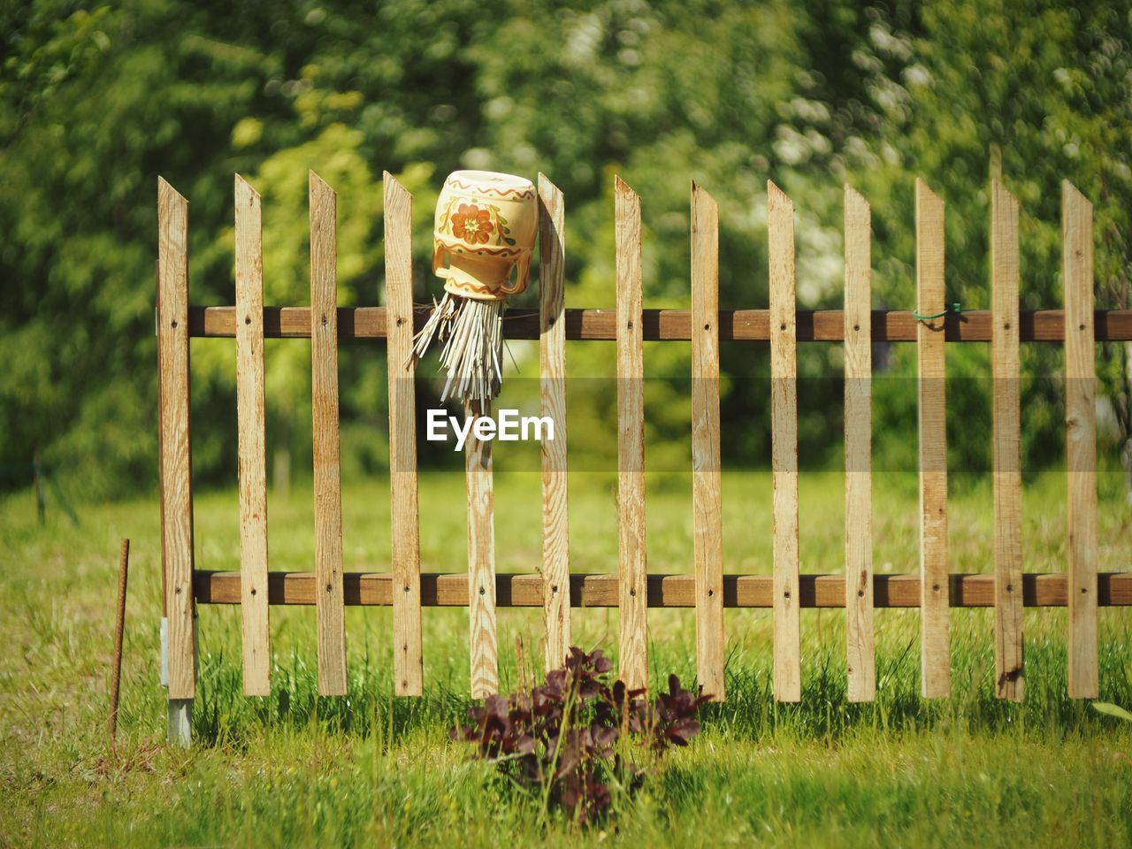 CLOSE-UP OF FENCE ON FIELD AGAINST TREES