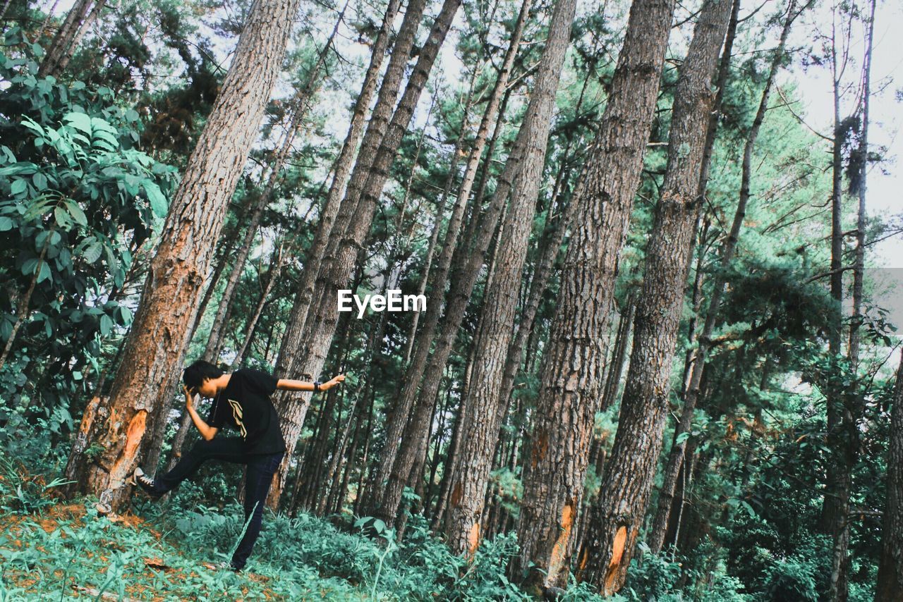 Man posing against trees in forest