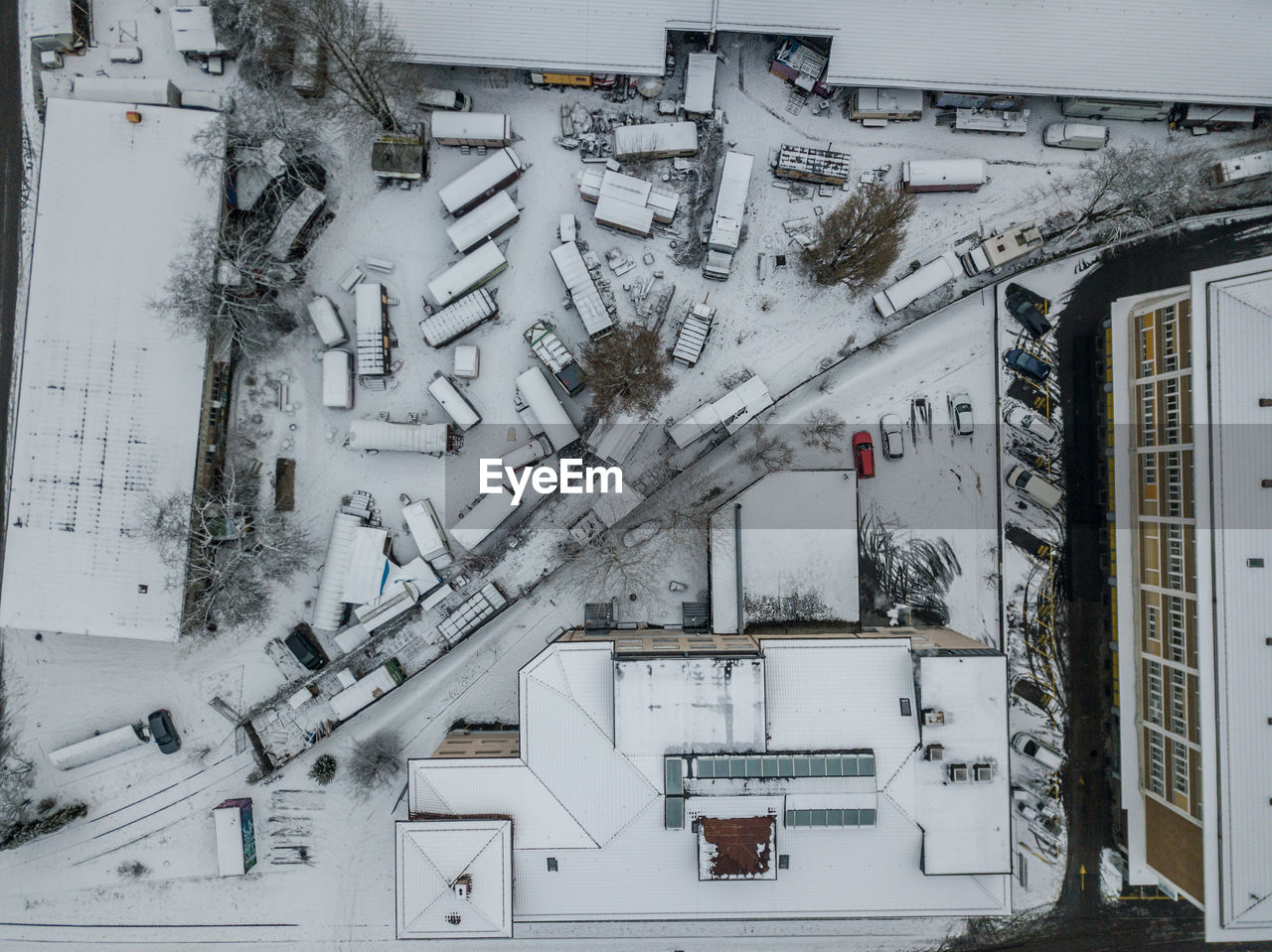 High angle view of snow covered buildings