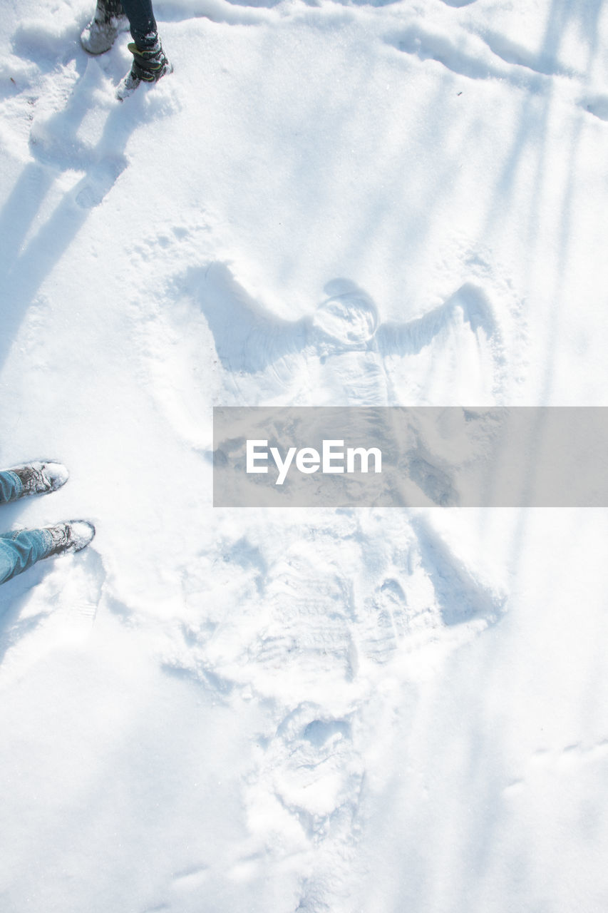 HIGH ANGLE VIEW OF SNOW COVERED LAND ON FIELD