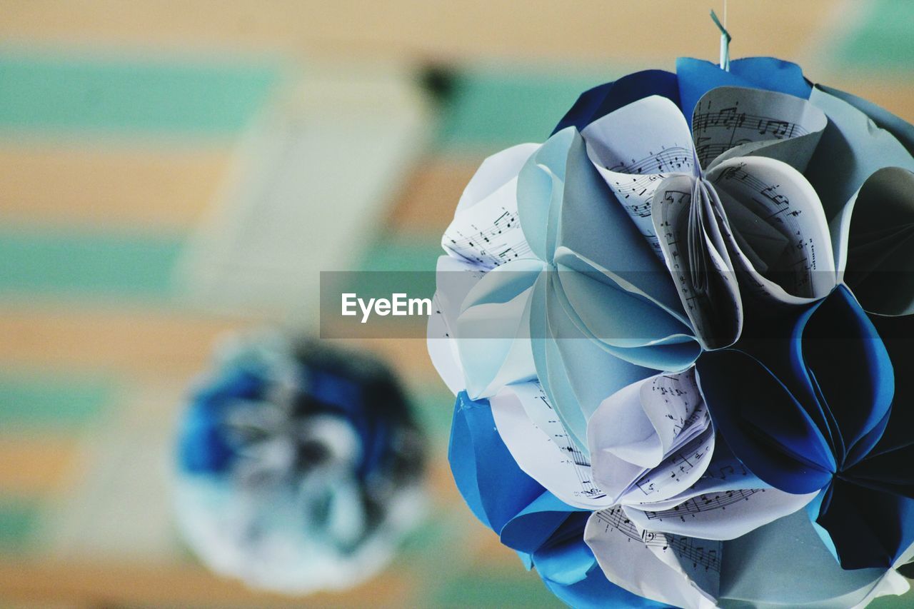 Close-up of flowers made up of musical notes hanging at home