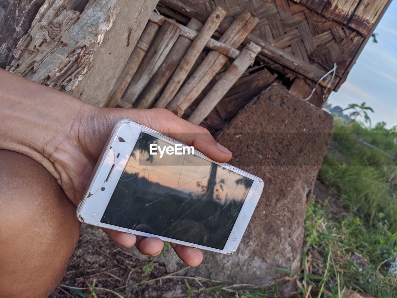 one person, wood, technology, hand, wireless technology, soil, holding, nature, high angle view, adult, communication, day, men, outdoors, lifestyles, portable information device, leisure activity, plant, land, activity, digital tablet, screen, smartphone