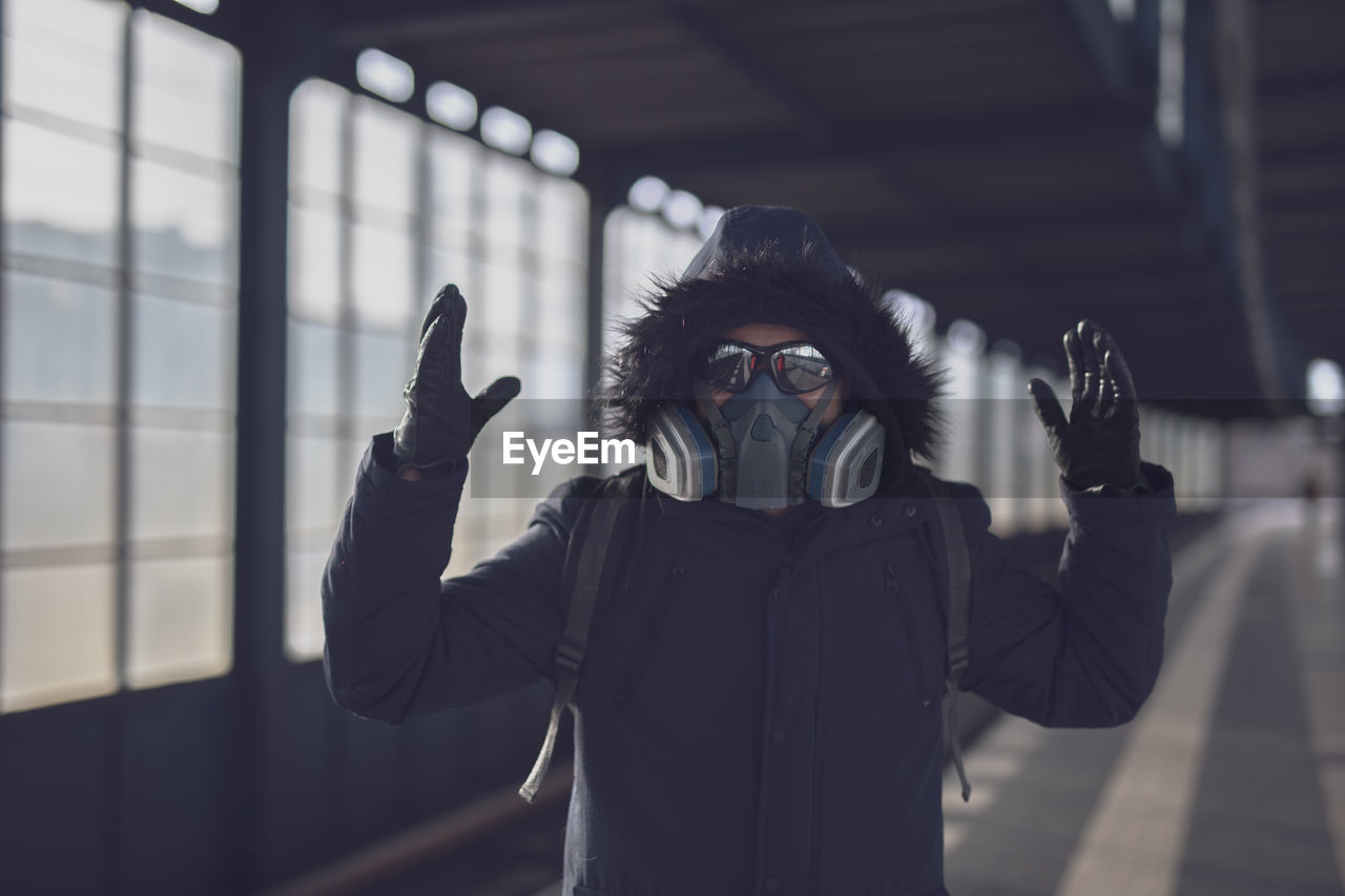 Portrait of person with mask keep distance after corona virus epidemic in berlin march 2020