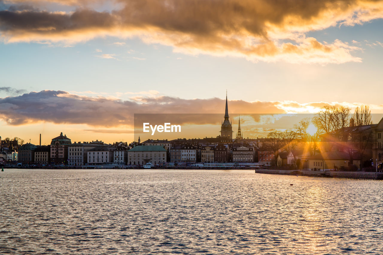 German church in town by riddarfjarden during sunset