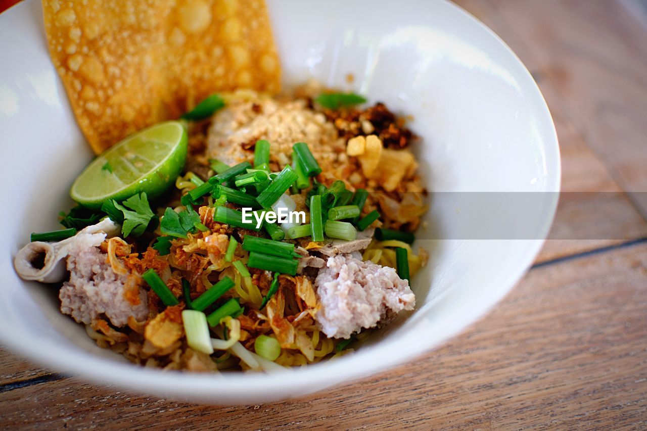 High angle view of food served in bowl