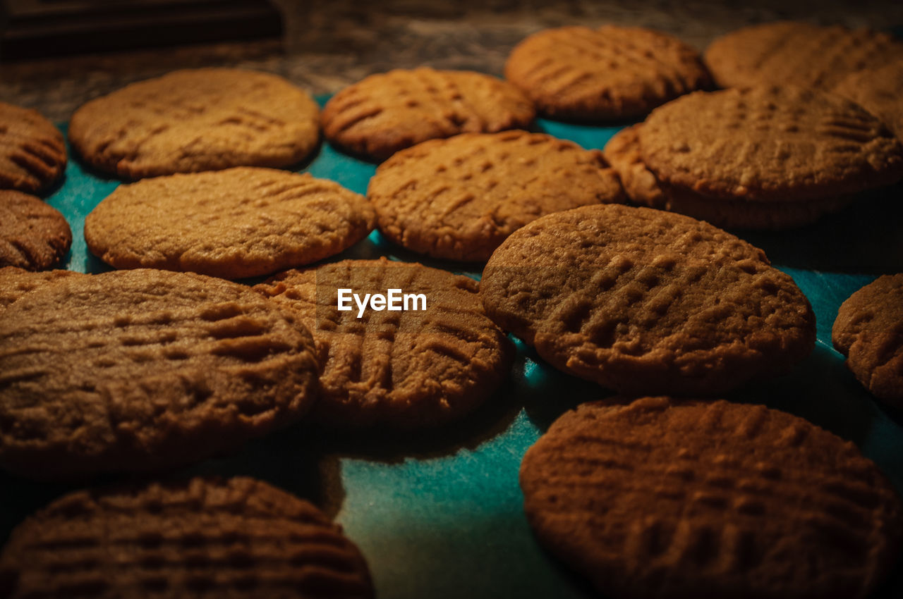 High angle view of baked cookies on table