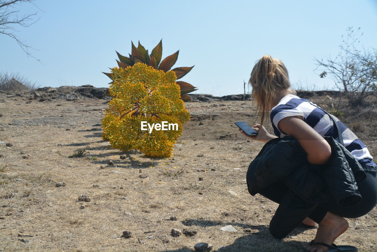 Side view of woman using mobile phone while crouching on field against clear sky during sunny day