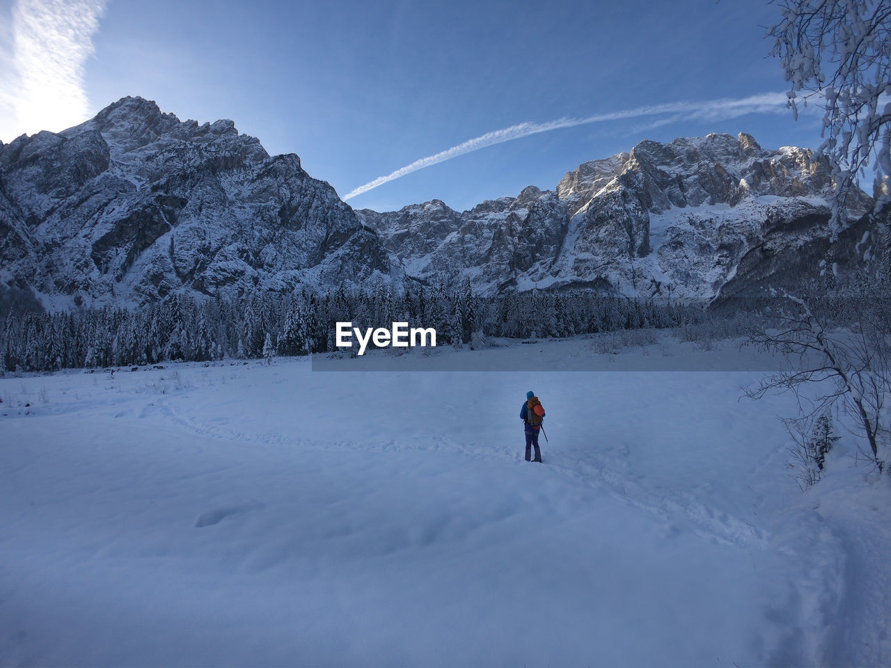 Rear view of woman walking on snow