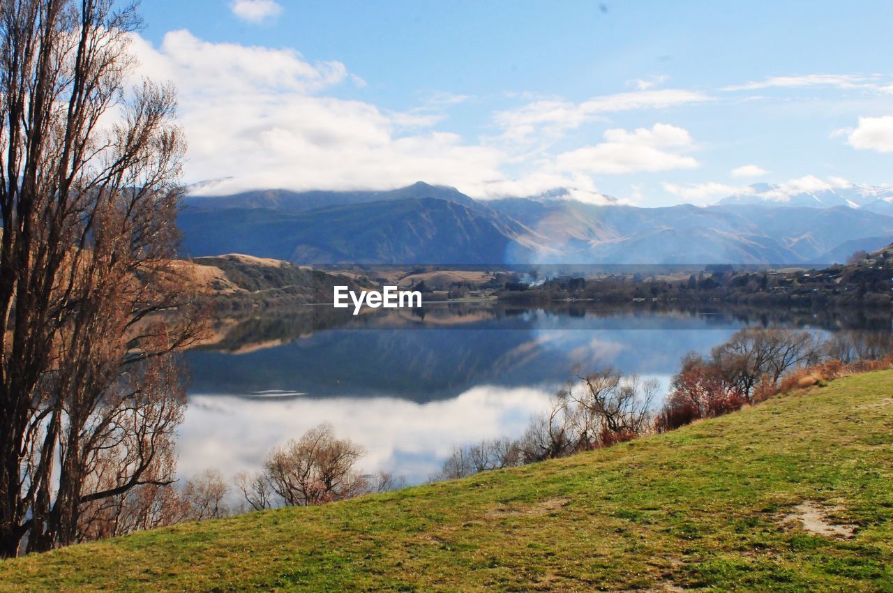 Scenic view of landscape and lake against sky