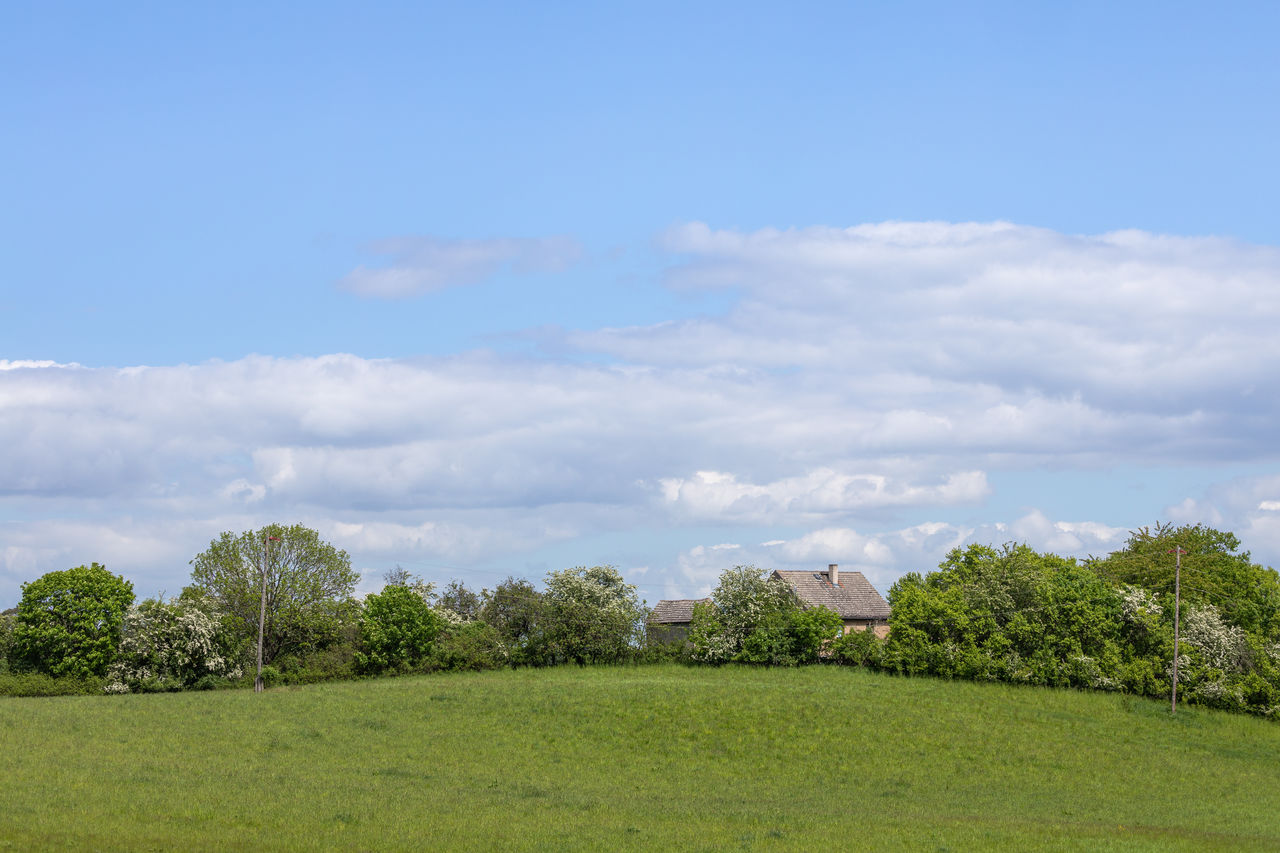 Cloud layer over agricultural field and group of trees in front of an old house on a sunny day
