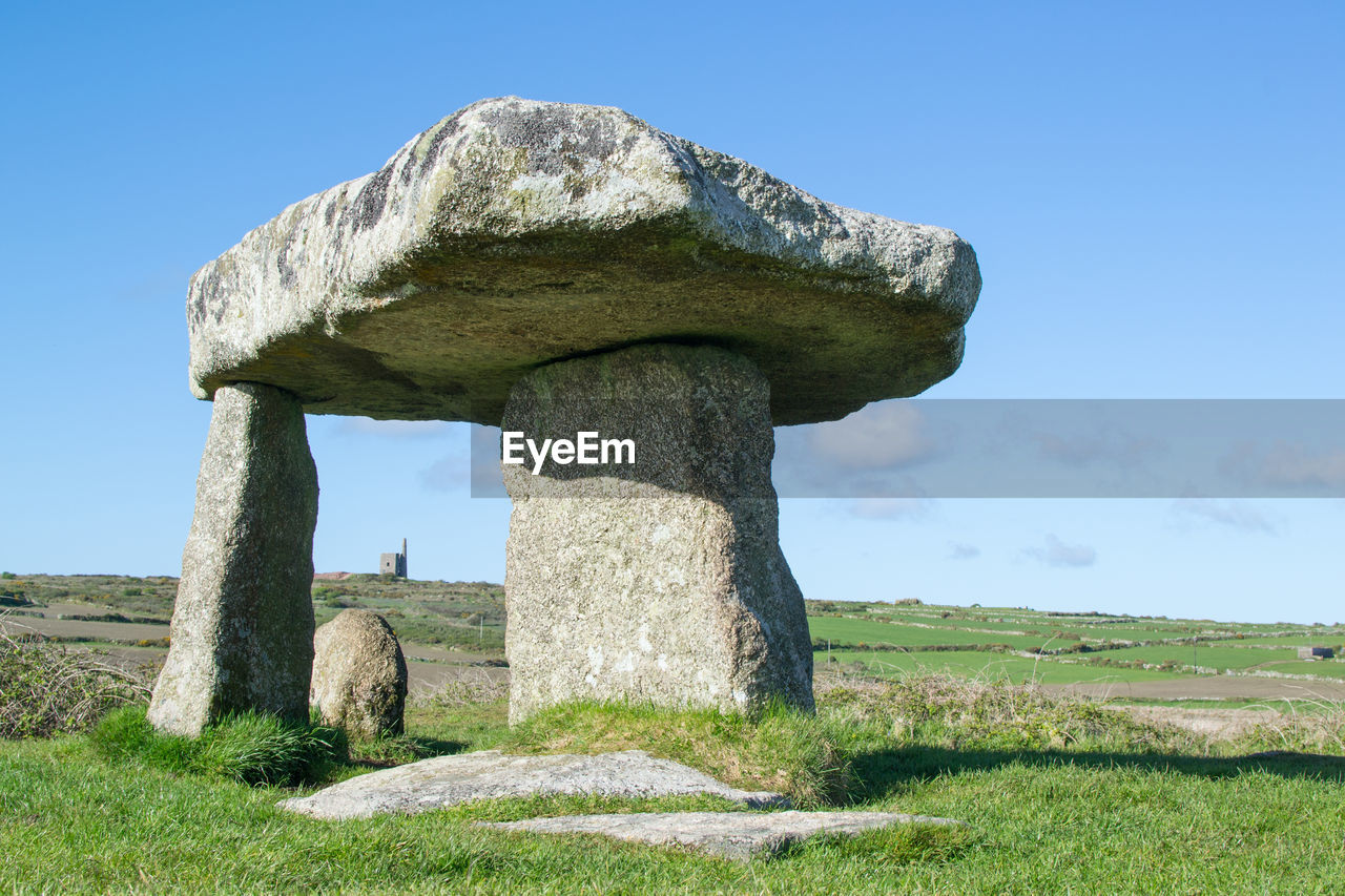 BUILT STRUCTURE ON FIELD AGAINST CLEAR BLUE SKY