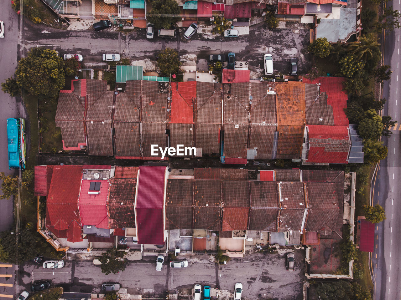 Aerial view of multi colored buildings in city