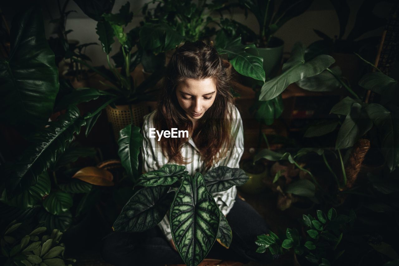 Portrait of young woman sitting amidst plants