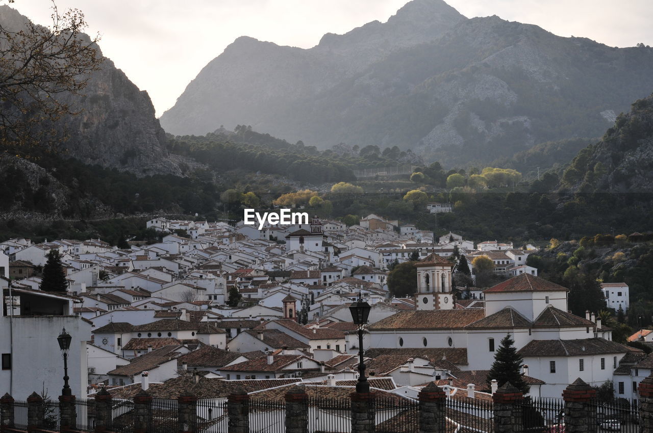 High angle view of buildings in town