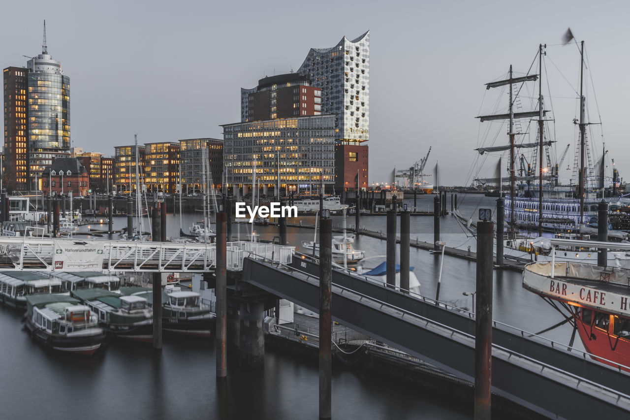 SAILBOATS MOORED IN RIVER BY BUILDINGS AGAINST SKY