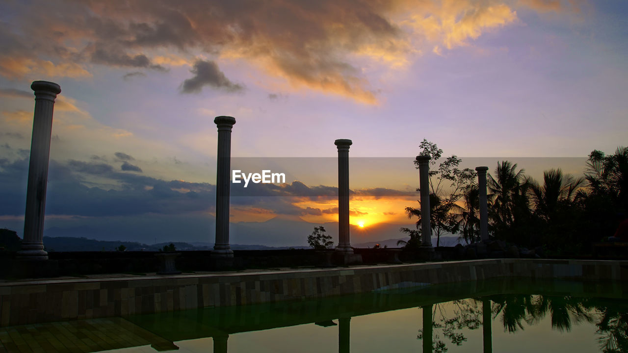 SCENIC VIEW OF SILHOUETTE FACTORY AGAINST SKY AT SUNSET