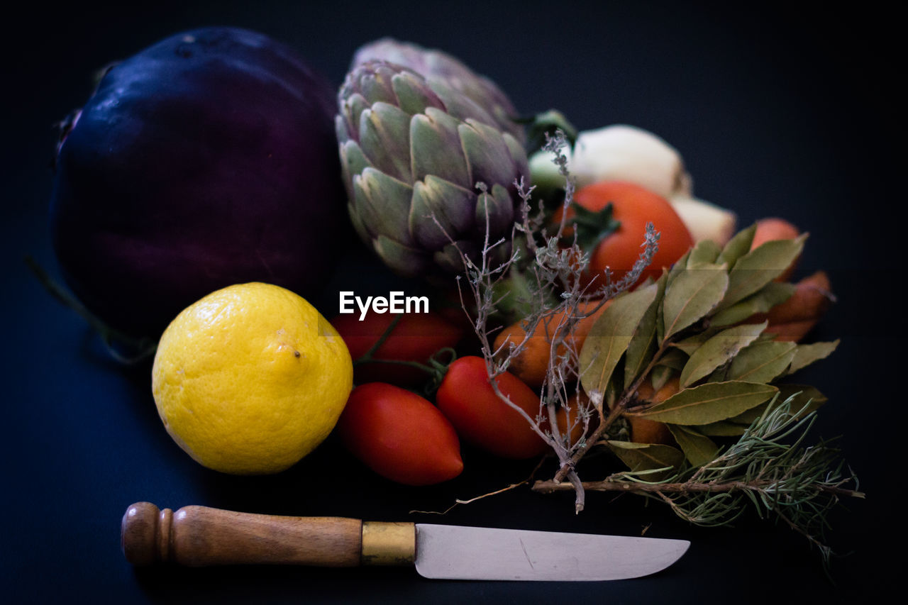 High angle view of vegetables on table