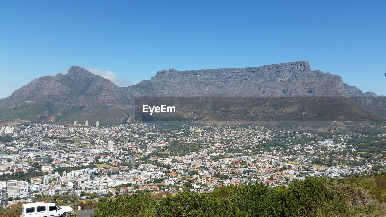 Town by mountains against sky