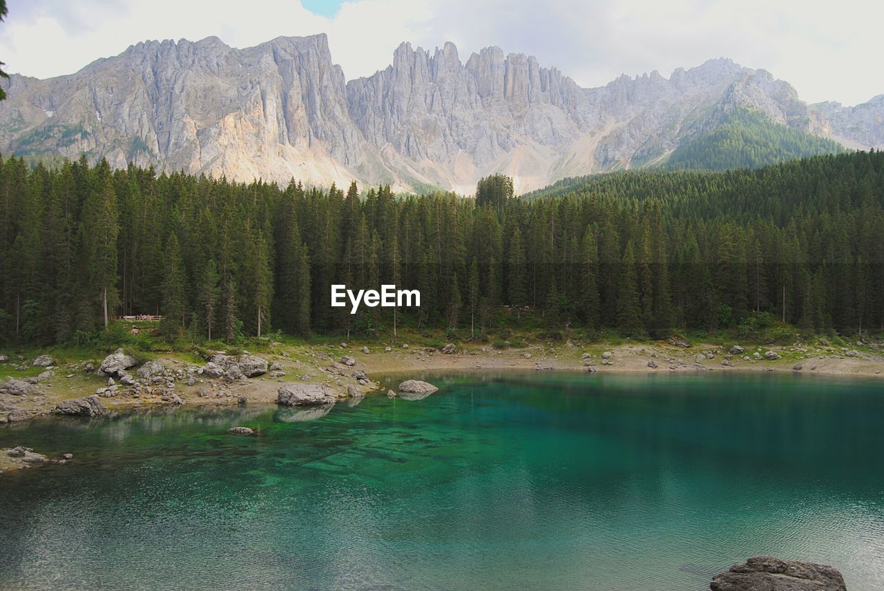 Scenic view of lake carezza by mountain