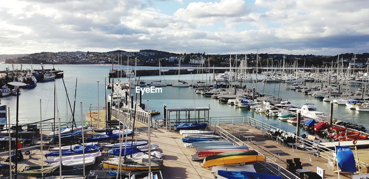 HIGH ANGLE VIEW OF BOATS MOORED IN HARBOR