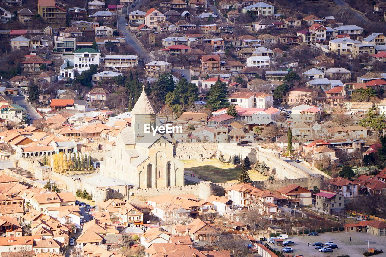 High angle shot of townscape against sky