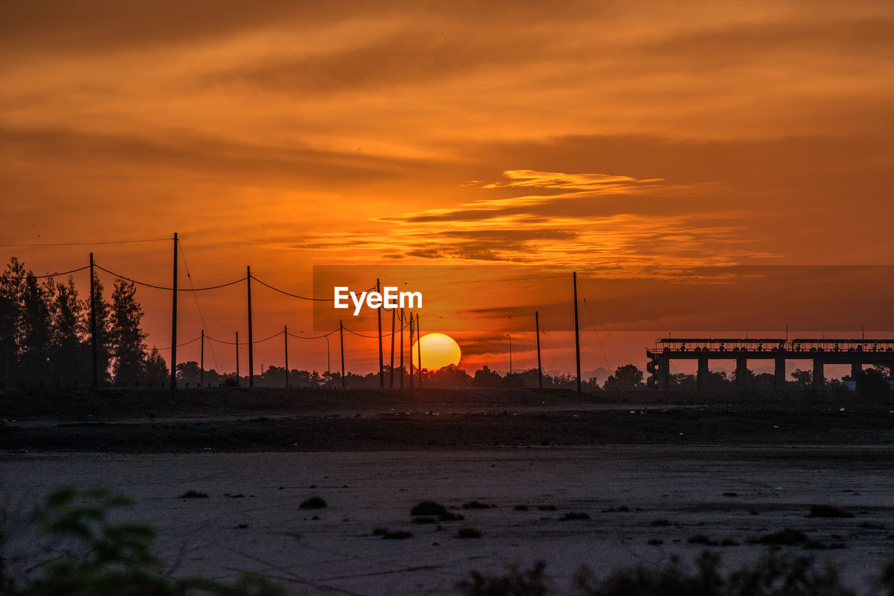 SCENIC VIEW OF SILHOUETTE TREES AGAINST ORANGE SKY