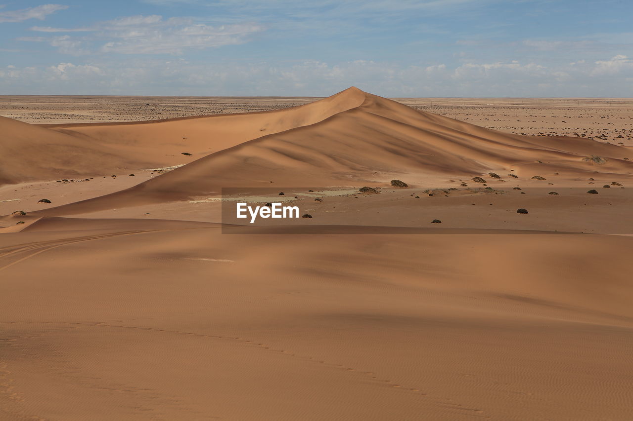 Scenic view of sand dunes in desert against cloudy sky