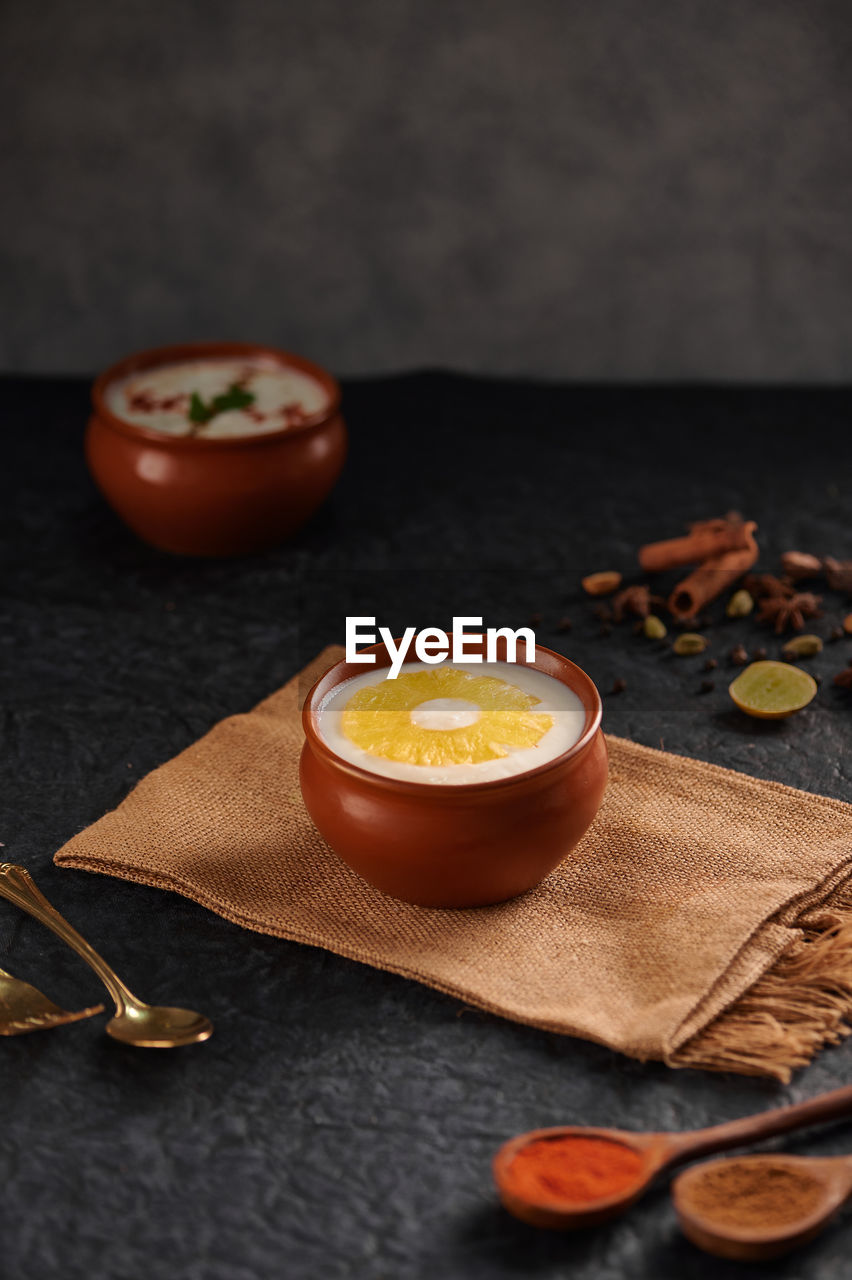 high angle view of dessert on table