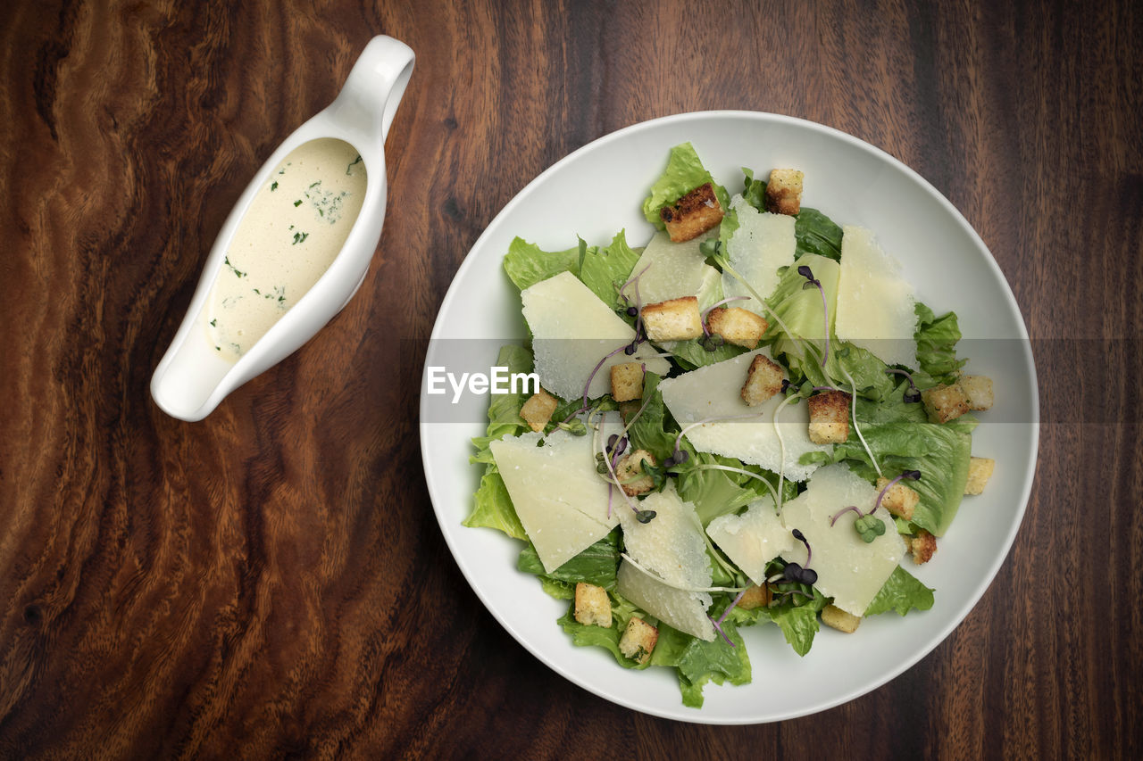 high angle view of food served in plate on table