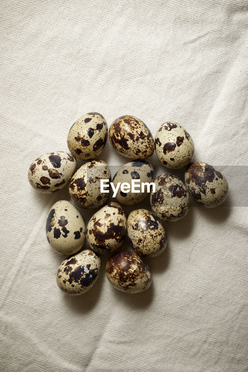 Quail eggs on a white tablecloth.