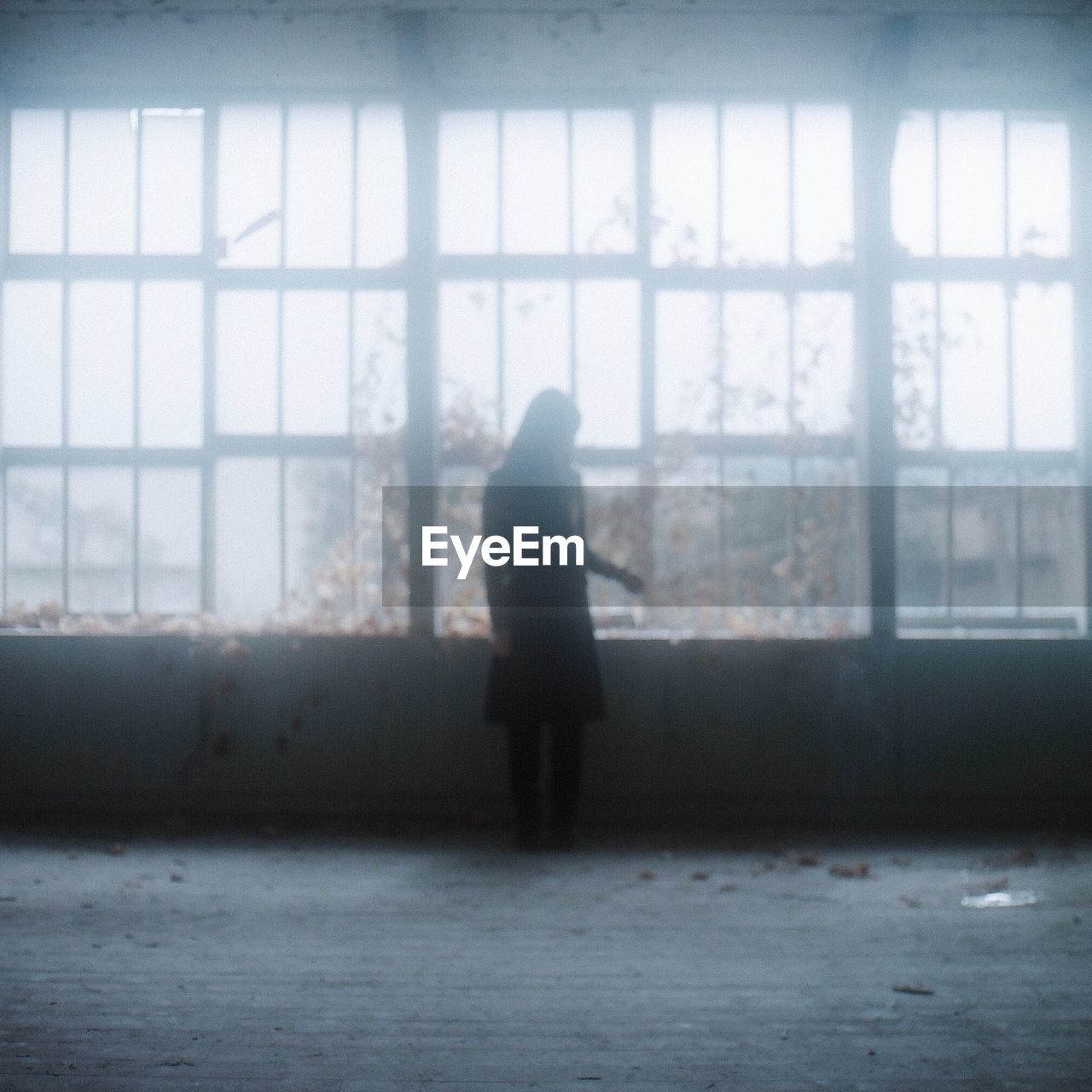 REAR VIEW OF SILHOUETTE WOMAN WITH WINDOW IN BLINDS