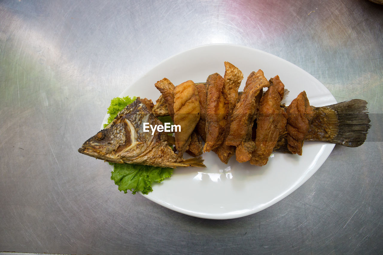 High angle view of food in plate on table