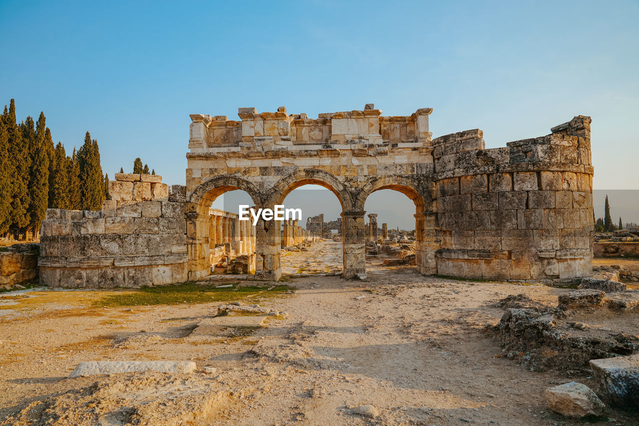 Roman amphitheater in the ruins of hierapolis, in pamukkale, turkey. unesco world heritage in turkey