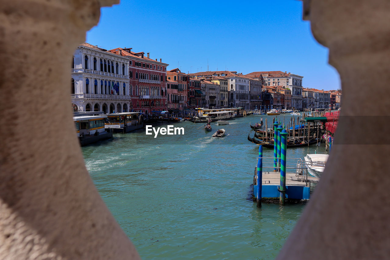 View through the rialto bridge to the canal grande in venice, italy