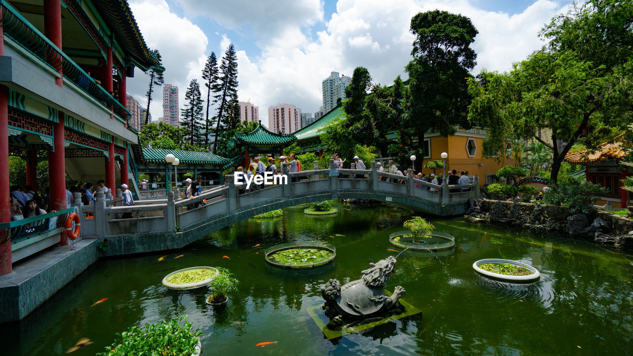 REFLECTION OF TREES AND BUILDINGS IN POND