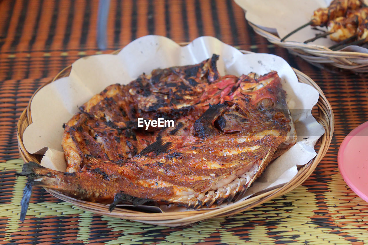 HIGH ANGLE VIEW OF MEAT IN PLATE