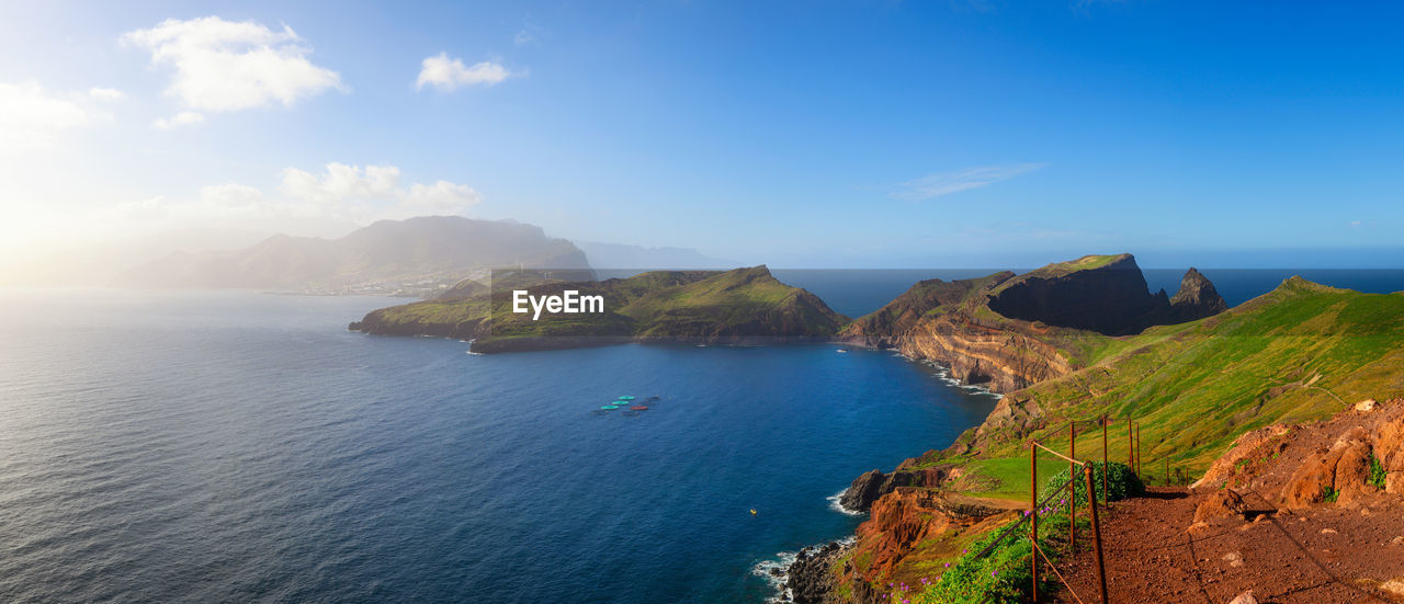 panoramic view of sea and mountains against sky