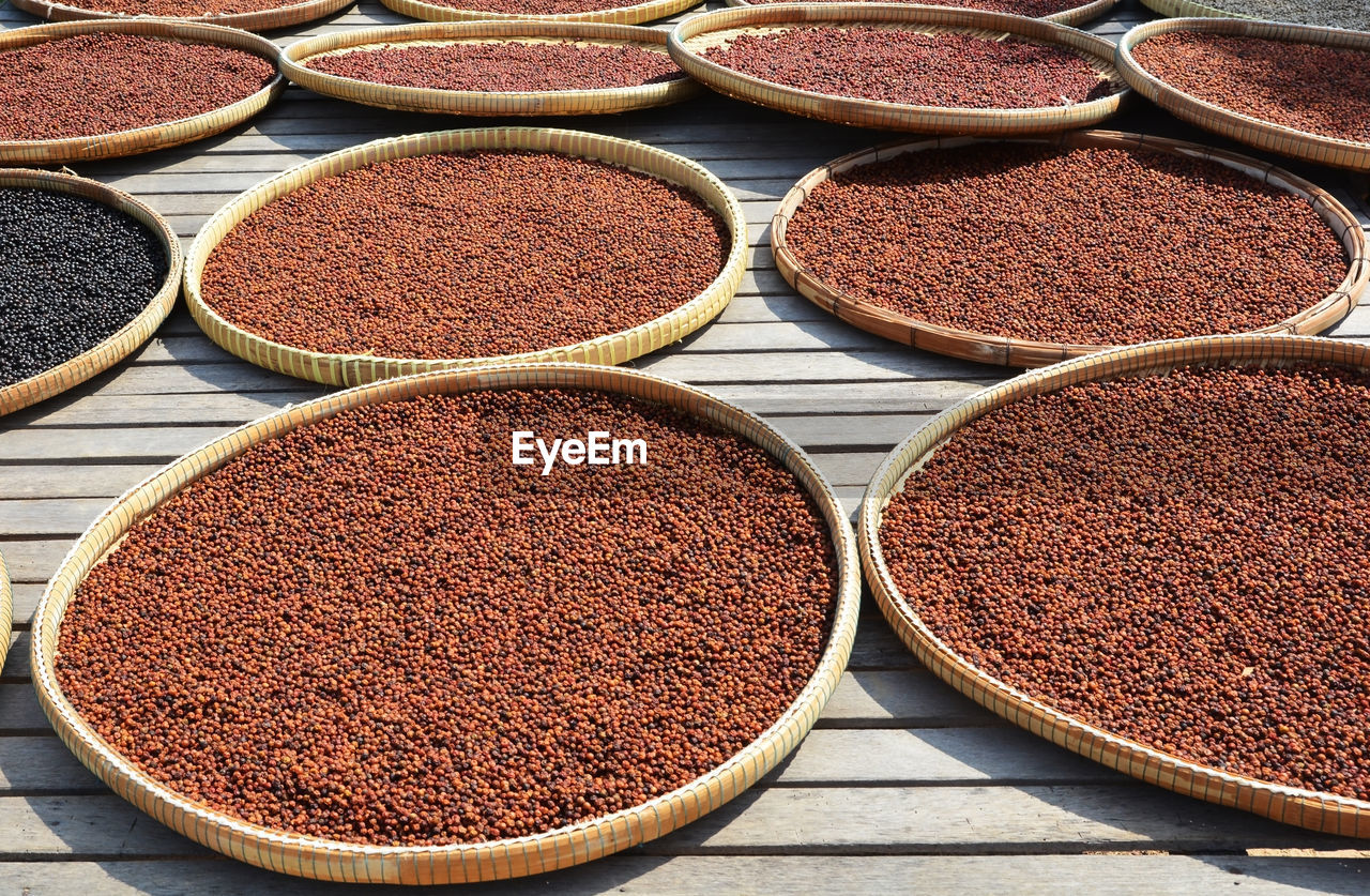 HIGH ANGLE VIEW OF SPICES AT MARKET STALL