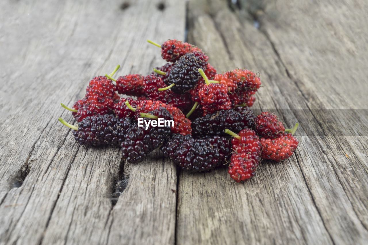 HIGH ANGLE VIEW OF CHERRIES ON TABLE