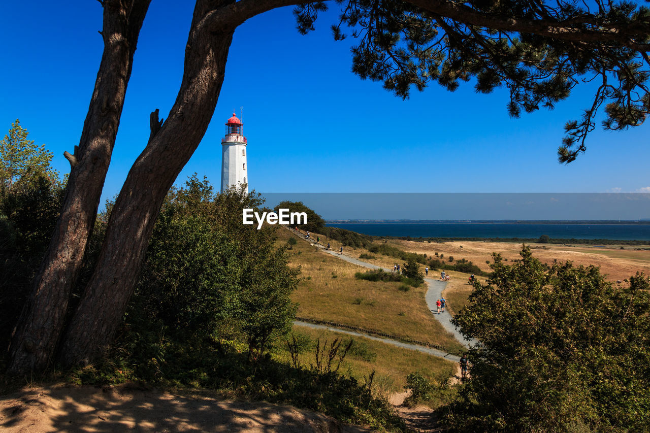 Lighthouse amidst trees and buildings against sky