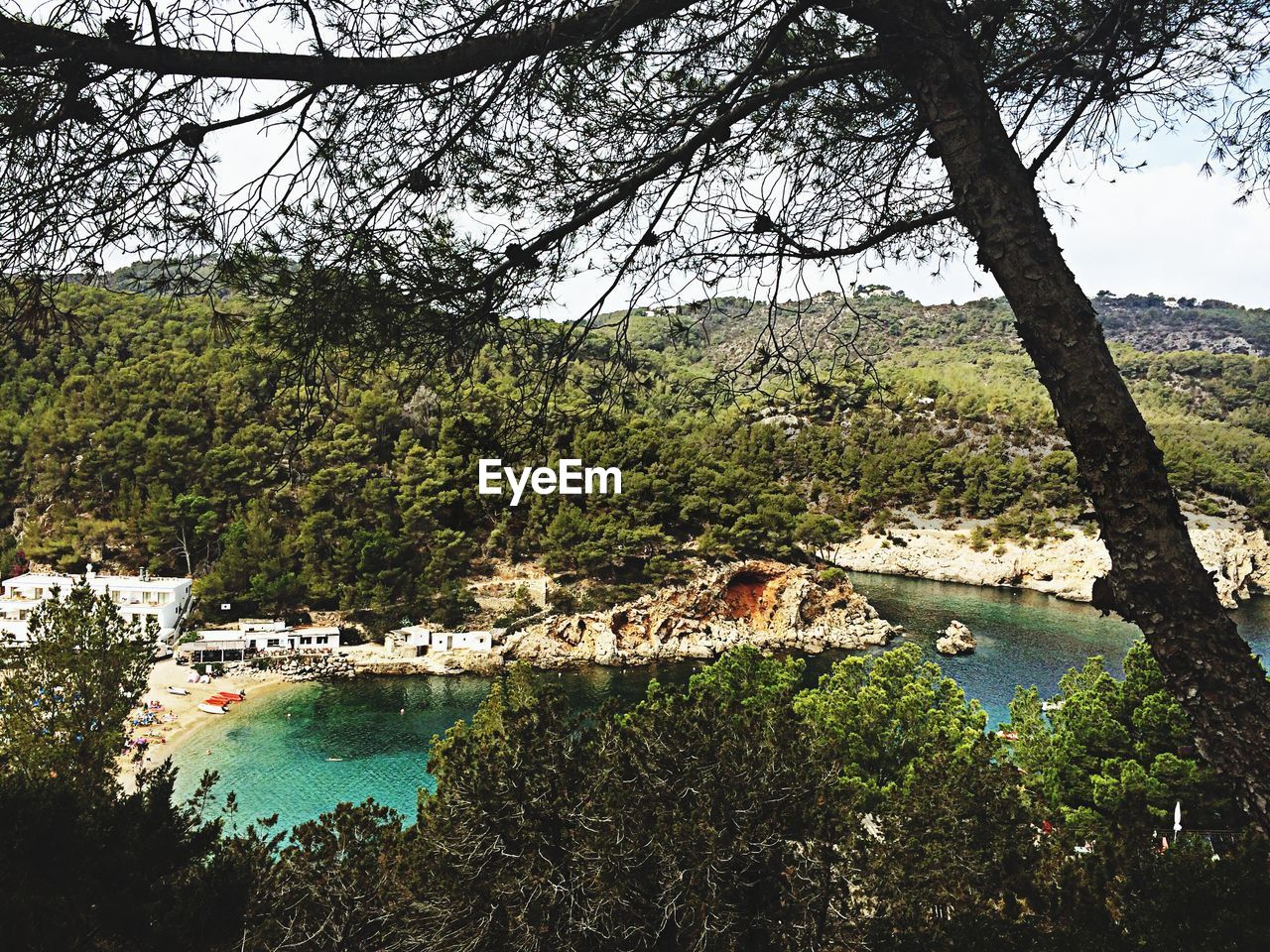 High angle view of beach against mountains