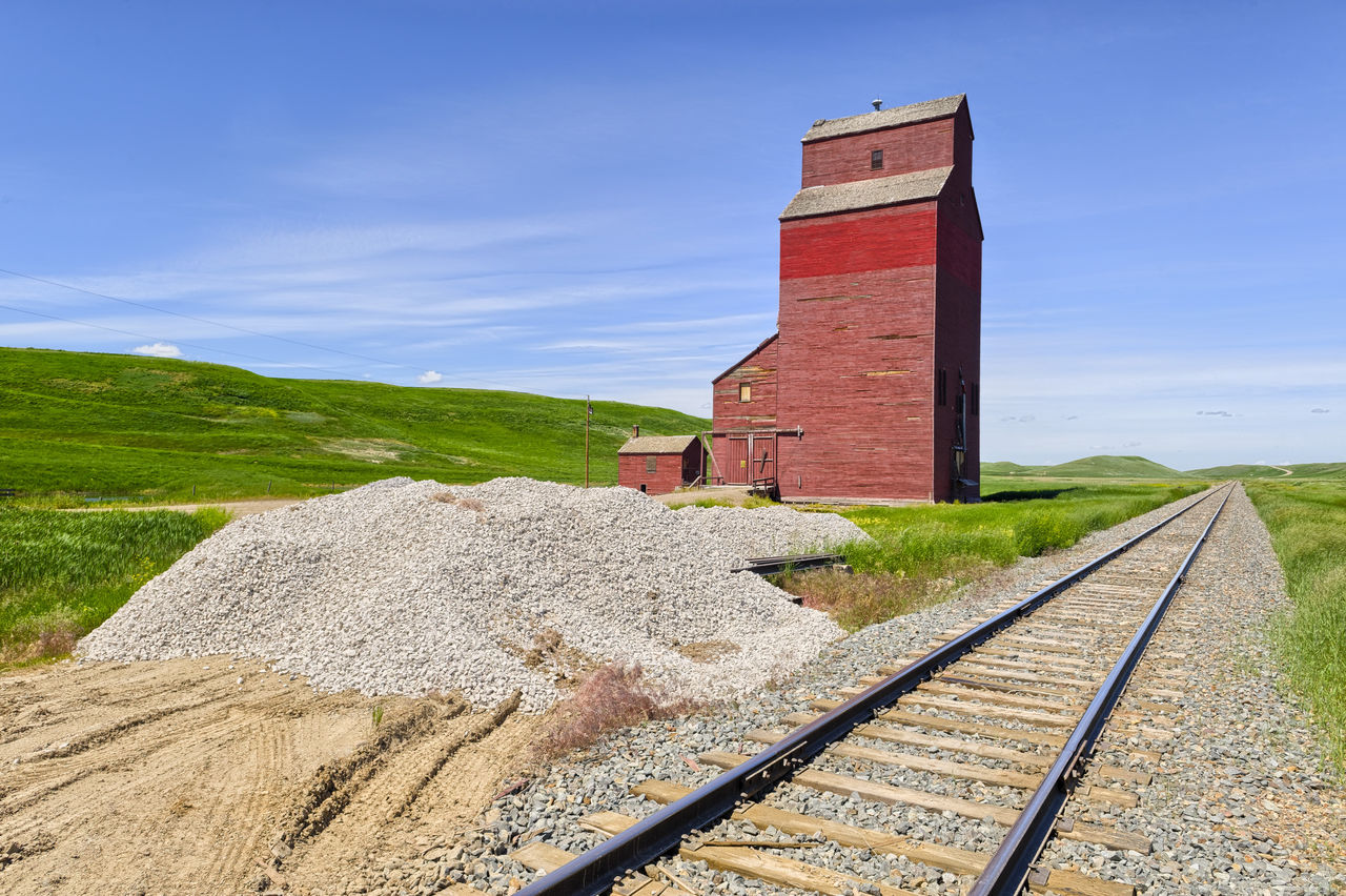 Railroad tracks by house on field against sky