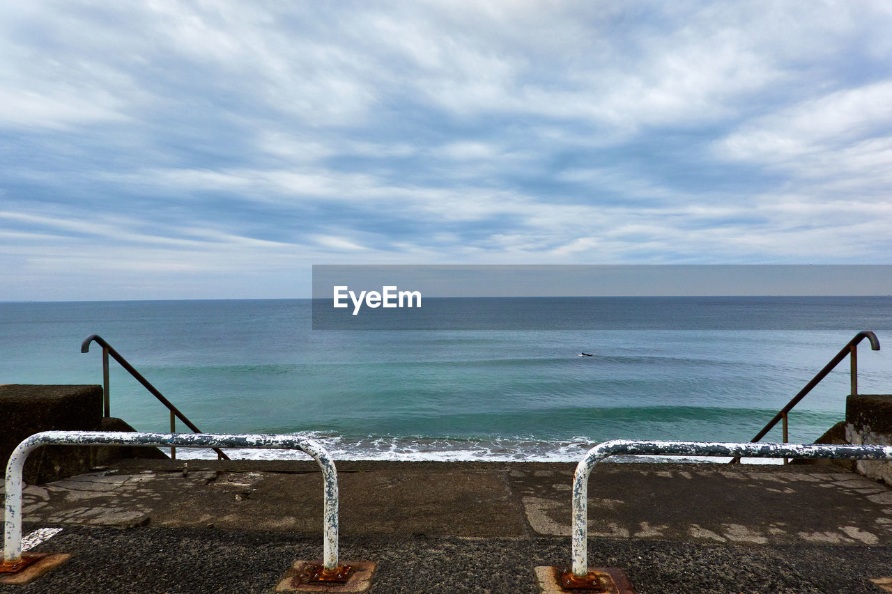 sea, water, sky, ocean, shore, horizon over water, beach, horizon, cloud, land, nature, coast, vacation, scenics - nature, beauty in nature, no people, tranquility, day, tranquil scene, bay, outdoors, wave, sand, railing, travel, travel destinations, chair, absence, seat, holiday, body of water