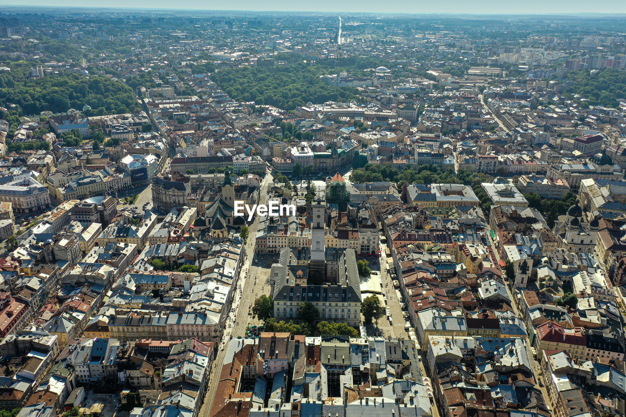 High angle view of city lviv.