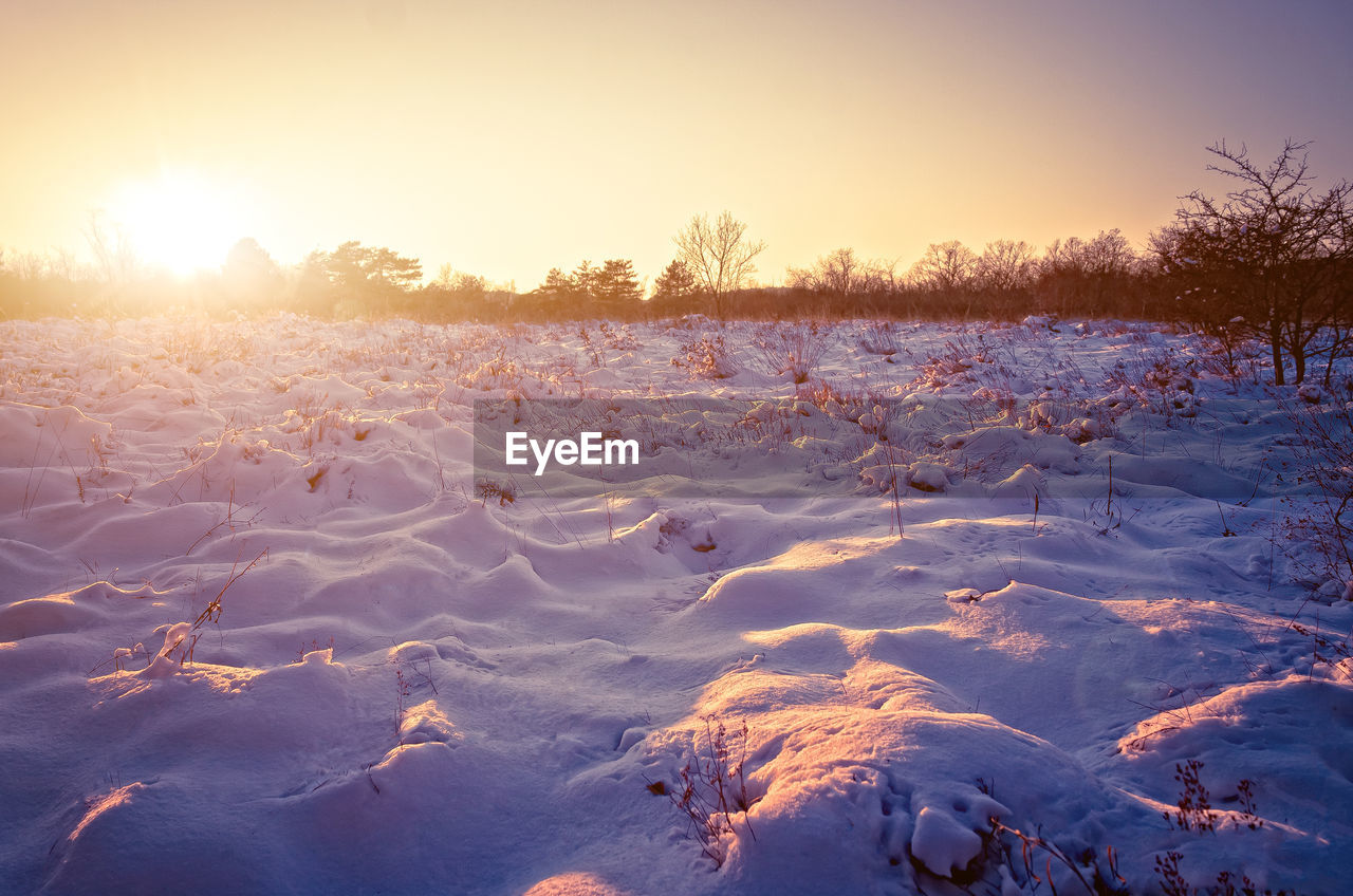 Scenic view of snow covered field against sky during sunset