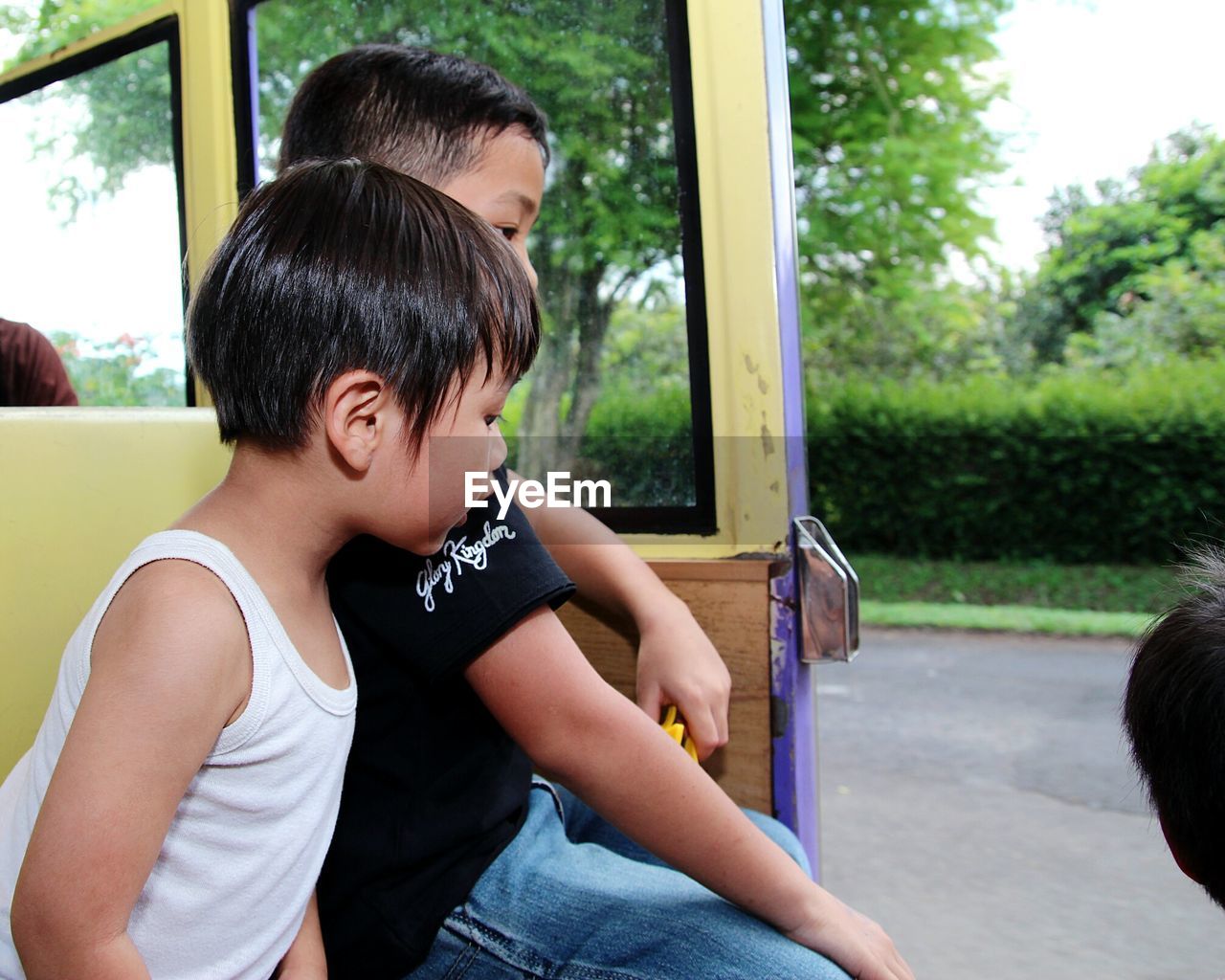 Close-up of brothers sitting in bus