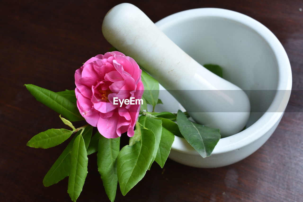 Close-up of pink flower in mortar and pestle on table