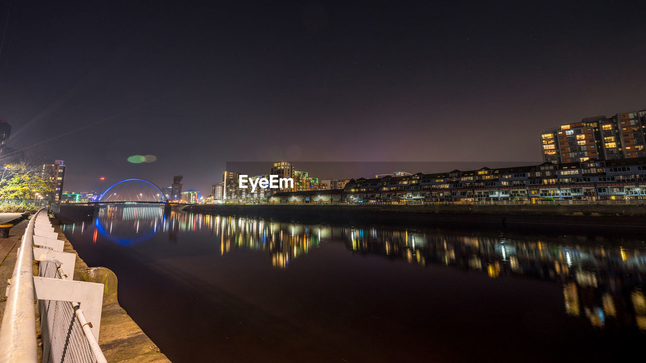 Reflection of city in water at night